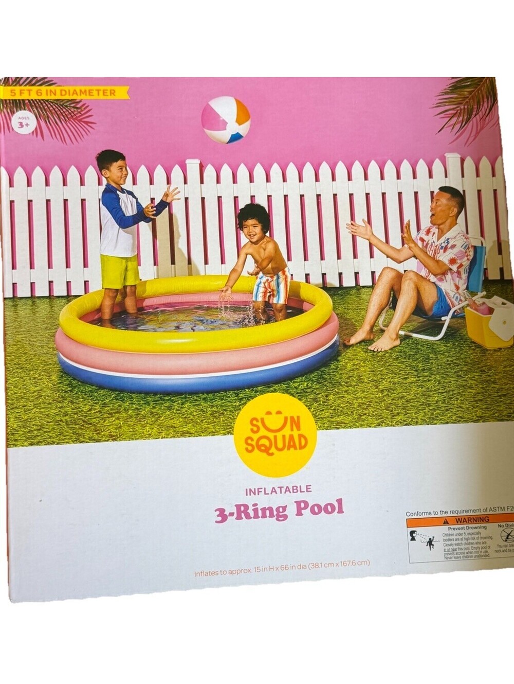 Sun Squad Inflatable Yellow & Blue 3 Ring Swimming Pool 66" Round & 15" Deep